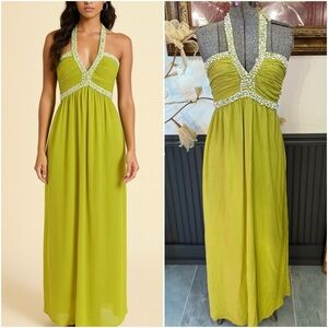 Indomario Beachy Boho Green Halter Maxi Dress With Beaded Neckline ~ Size M 🧡🍄